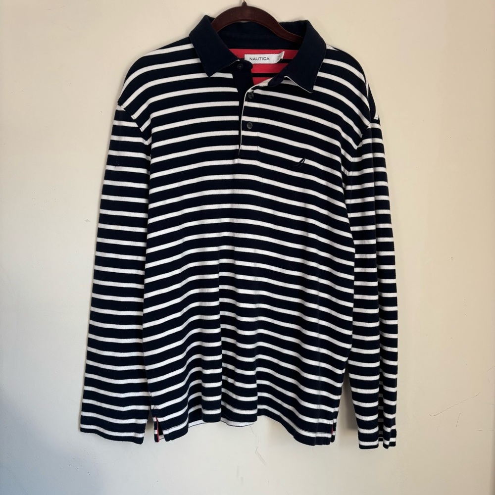 Nautica Navy Blue and White Striped Long Sleeve Polo Shirt